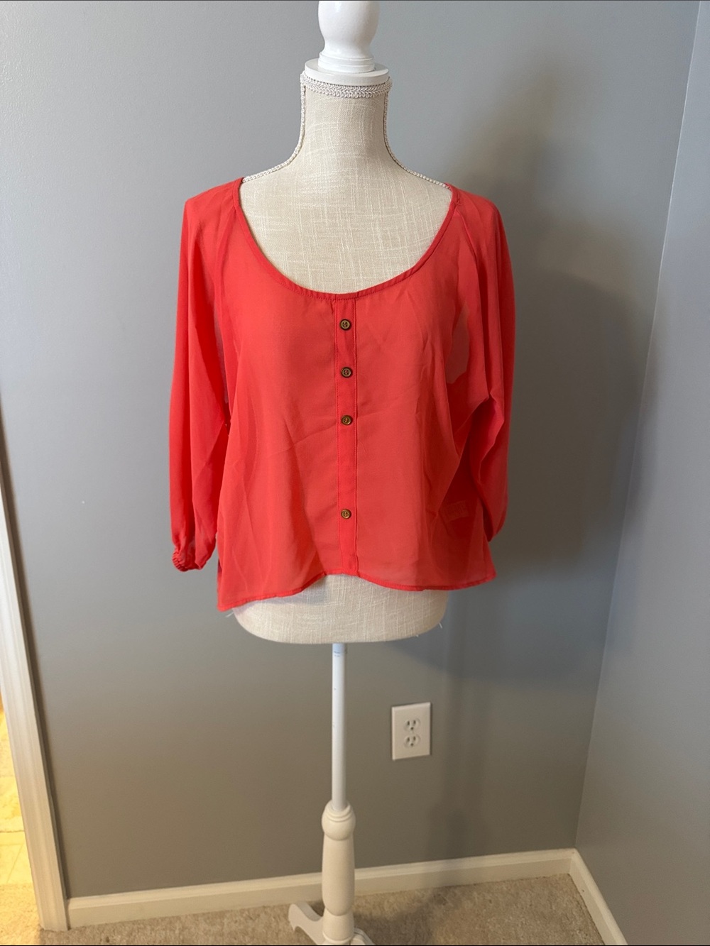 Papaya Coral Button-Front Scoop Neck Blouse